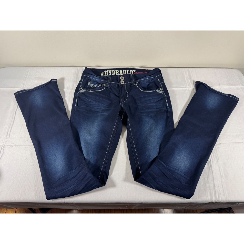 Hydraulic Dark Wash Flare Jeans Embroidered Studded Pockets Y2K Blue Stitch